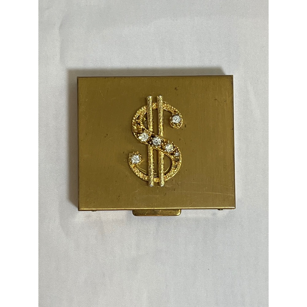 Vintage Gold Tone Rhinestone Pill‎ Box Compact Mirror Butterfly Insert